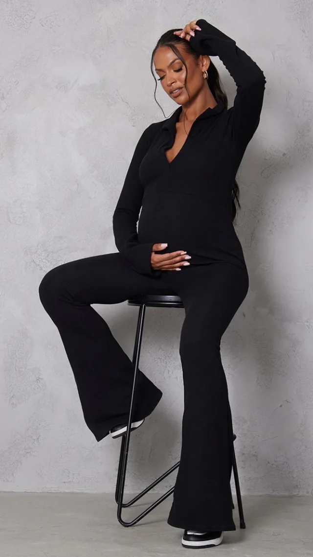 Maternity Black Ribbed Collar Long Sleeve Jumpsuit