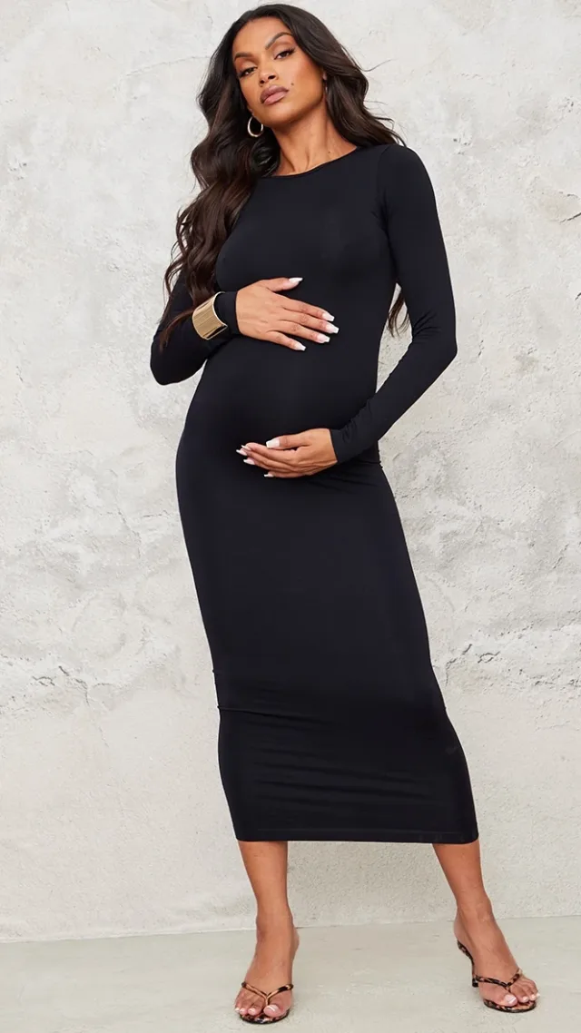 Maternity Black Seamless Long Sleeve Midaxi Dress