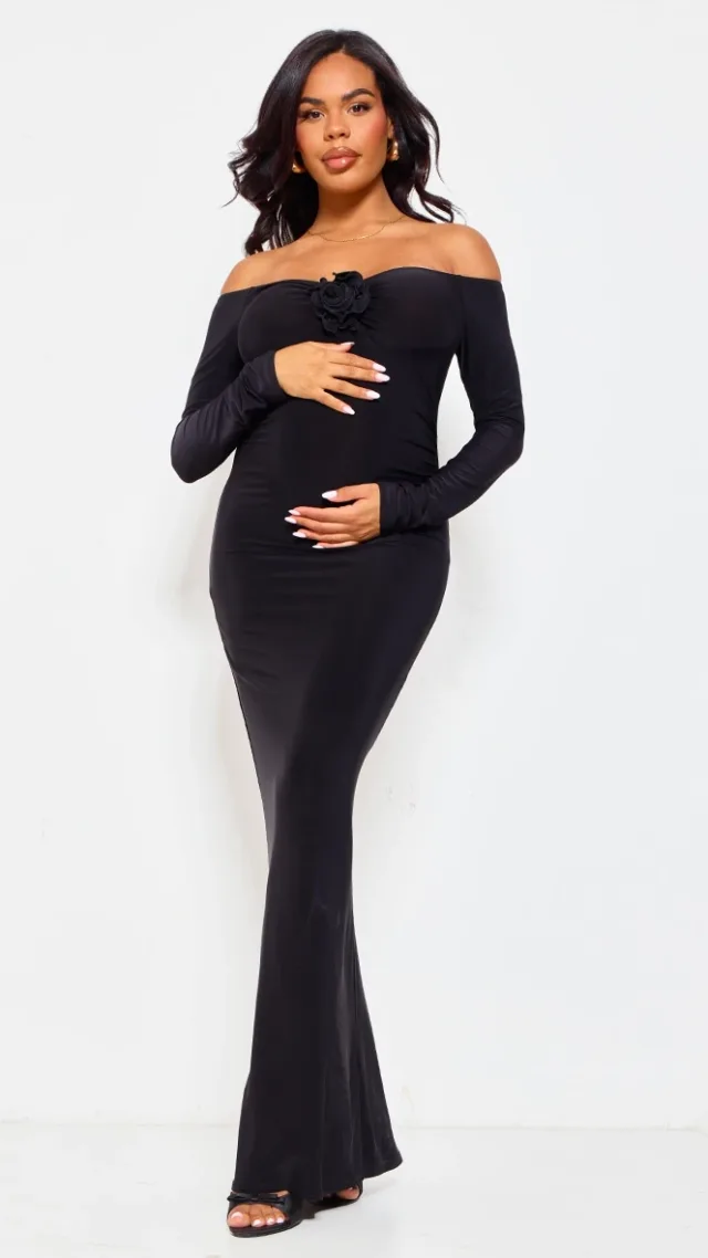 Maternity Black Slinky Corsage Detail Off The Shoulder Maxi Dress