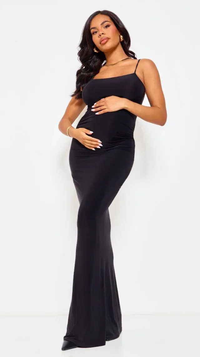 Maternity Black Slinky Straight Neck Sleeveless Maxi Dress