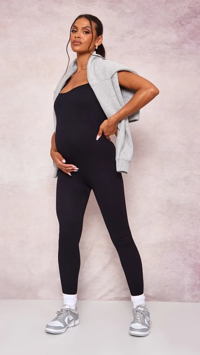 Maternity Black Snatched Ribbed Strappy Jumpsuit