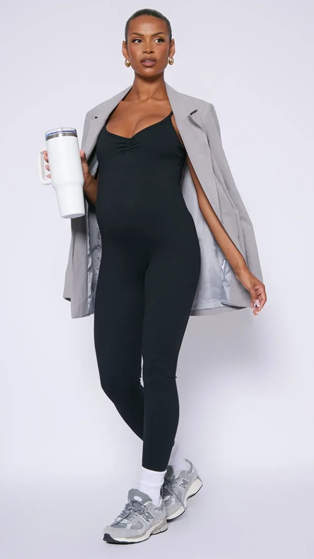 Maternity Black Snatched Sculpt Cami Strap Jumpsuit