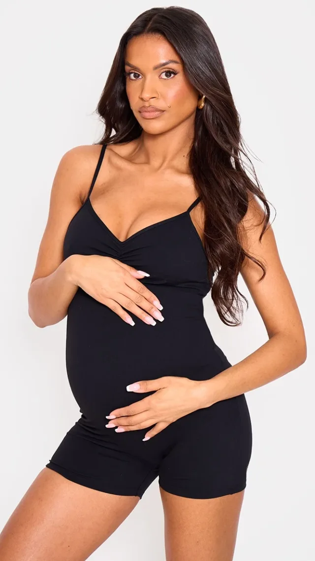 Maternity Black Snatched Sculpt Ruched Front Detail Unitard