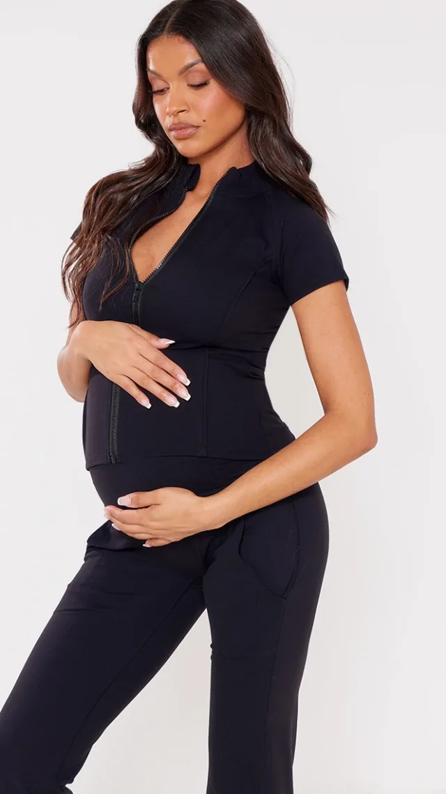 Maternity Black Snatched Sculpt Short Sleeve Zip Up Top