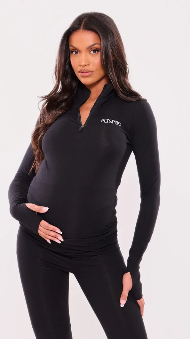 Maternity Black Sport Half Zip Up Top