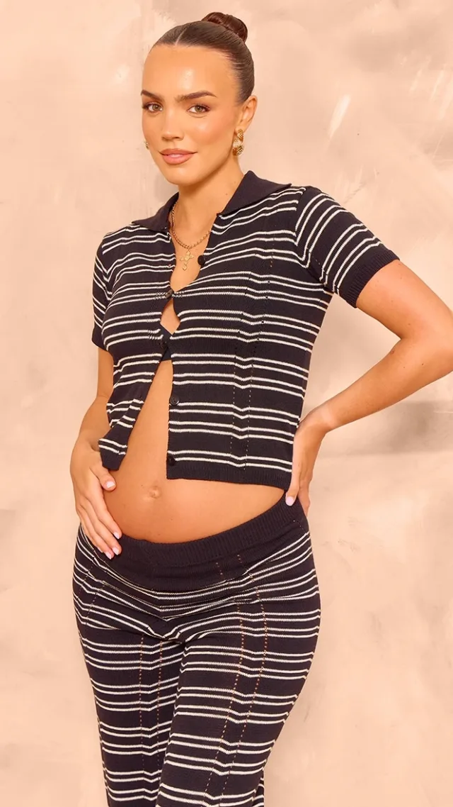 Maternity Black Striped Knit Button Up Top