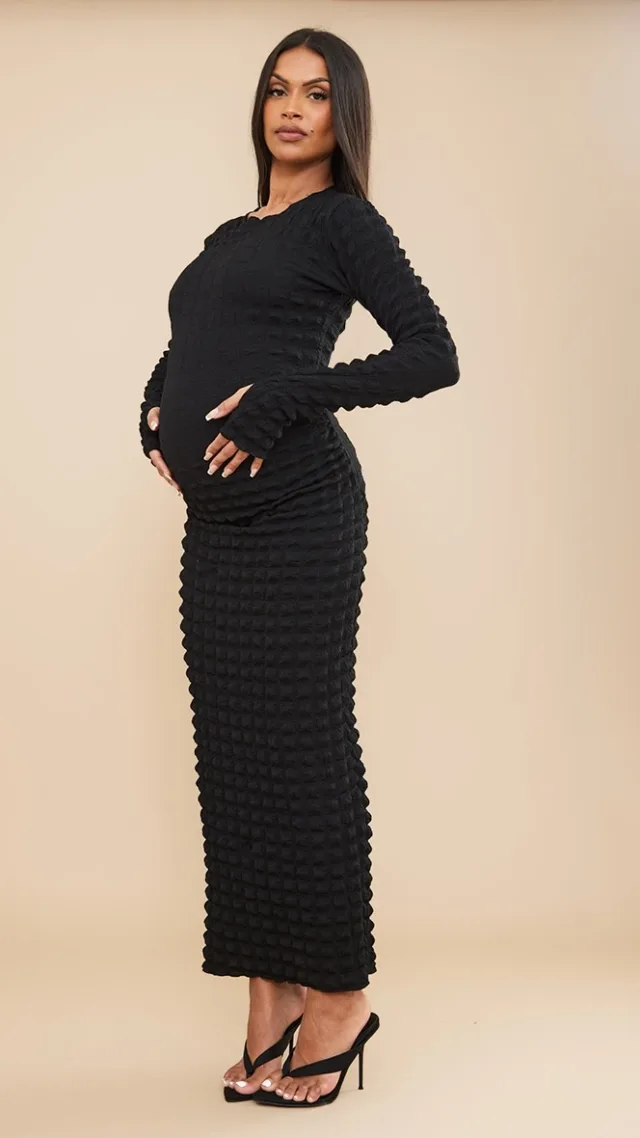 Maternity Black Textured Bubble Midaxi Dress