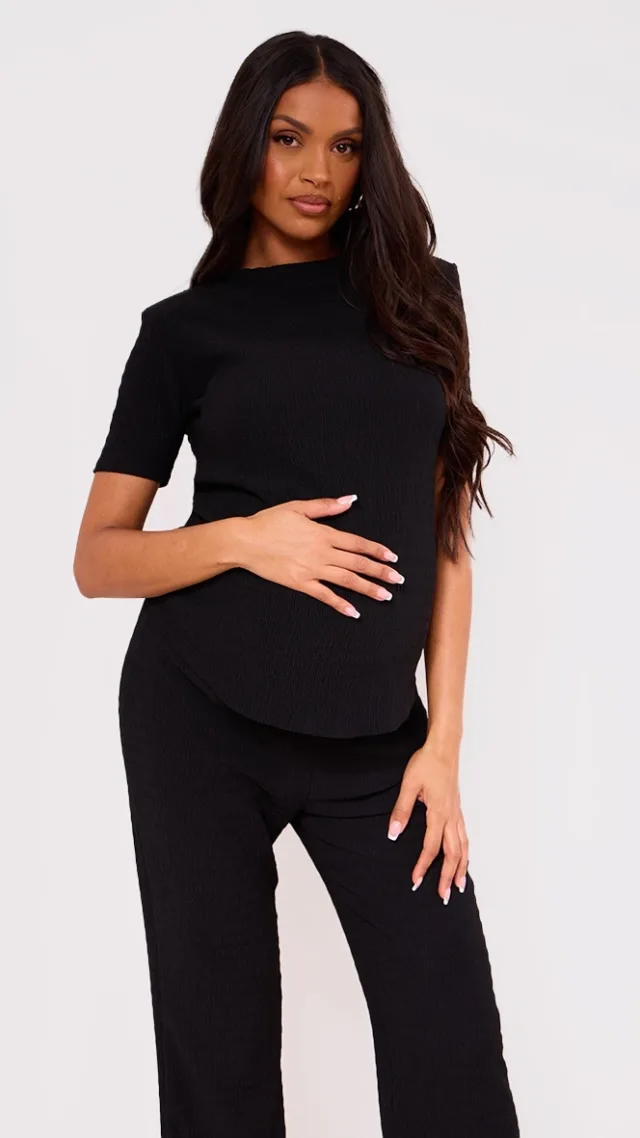 Maternity Black Textured Short Sleeve Top