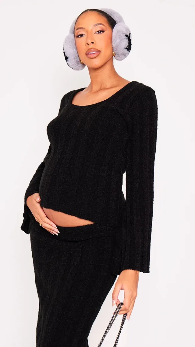 Maternity Black Thick Rib Knitted Long Sleeve Sweater