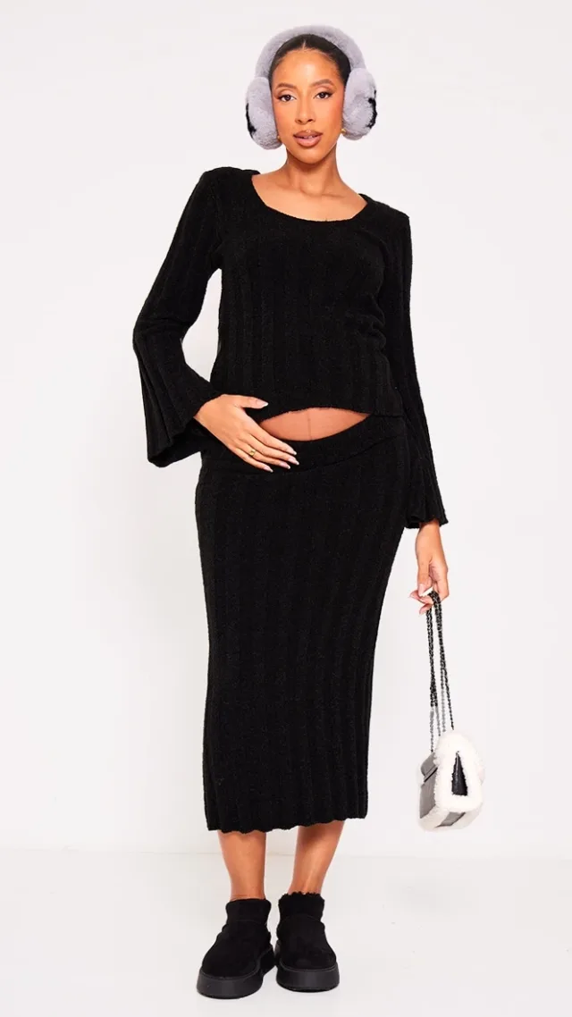 Maternity Black Thick Rib Knitted Midaxi Skirt