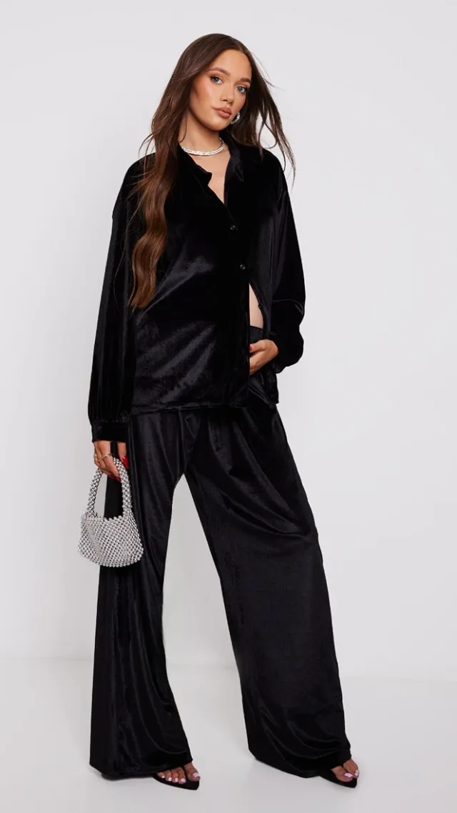 Maternity Black Velvet Wide Leg Pants