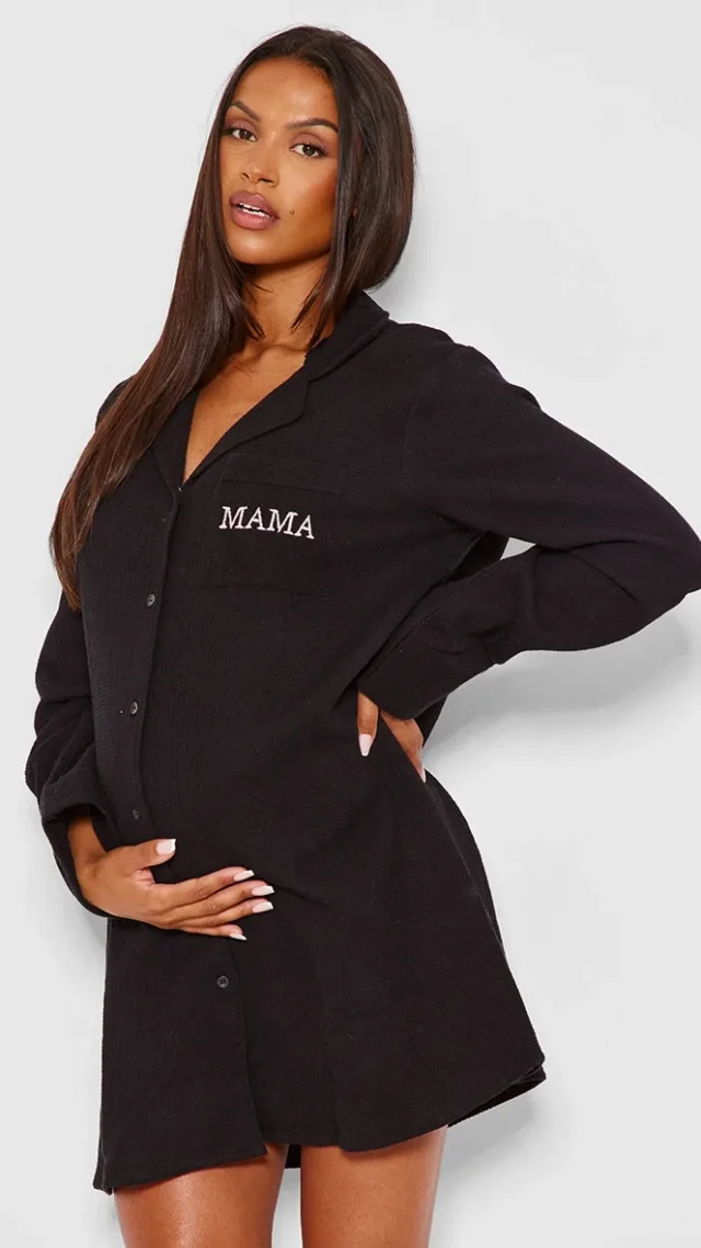 Maternity Black Waffle Mama Embroidered Nightie