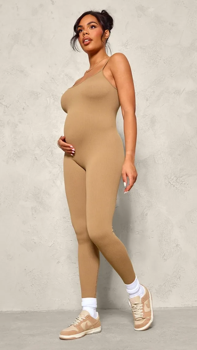 Maternity Brown Strappy Snatched Ribbed Jumpsuit