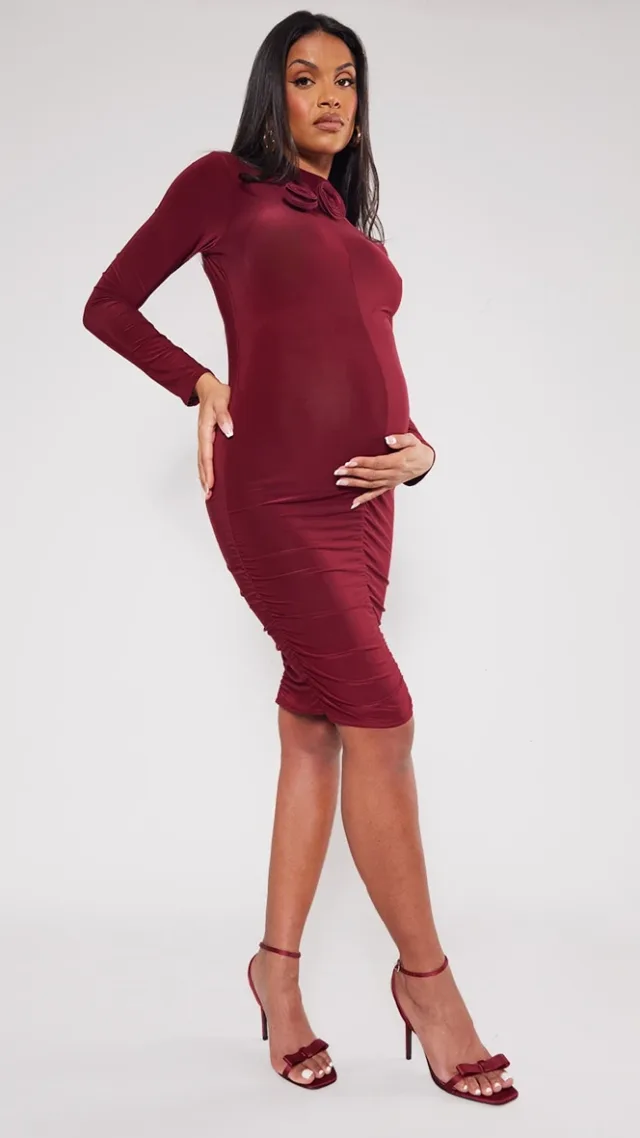 Maternity Burgundy Slinky Flower Detail Mini Dress