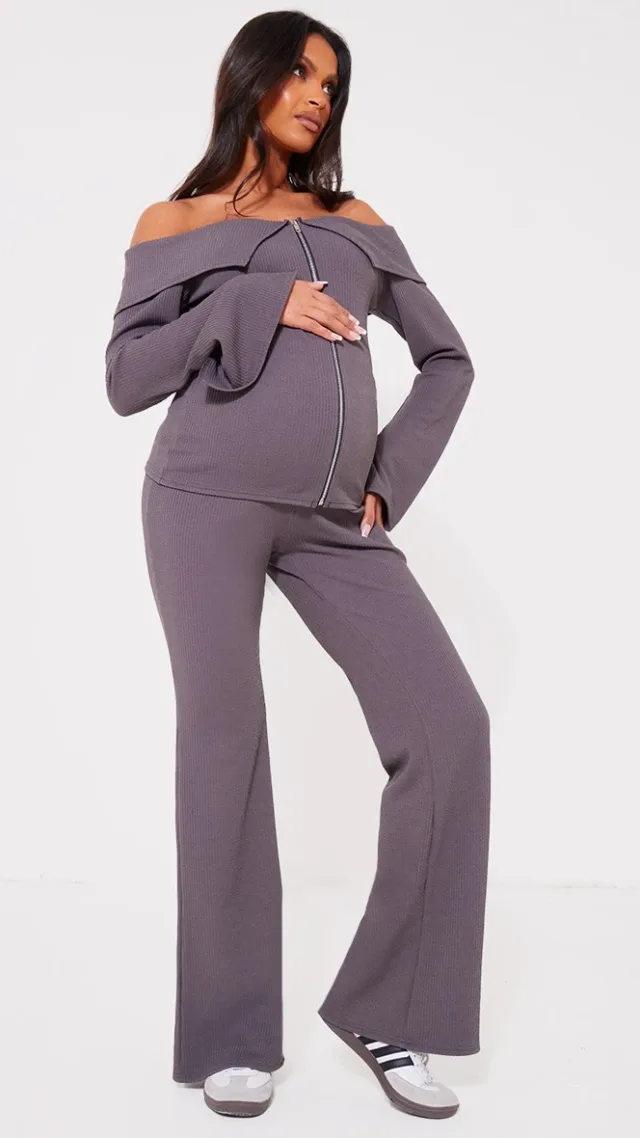 Maternity Charcoal Rib Fold Over Zip Up Top