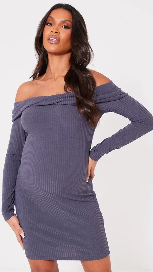 Maternity Charcoal Rib Off The Shoulder Mini Dress