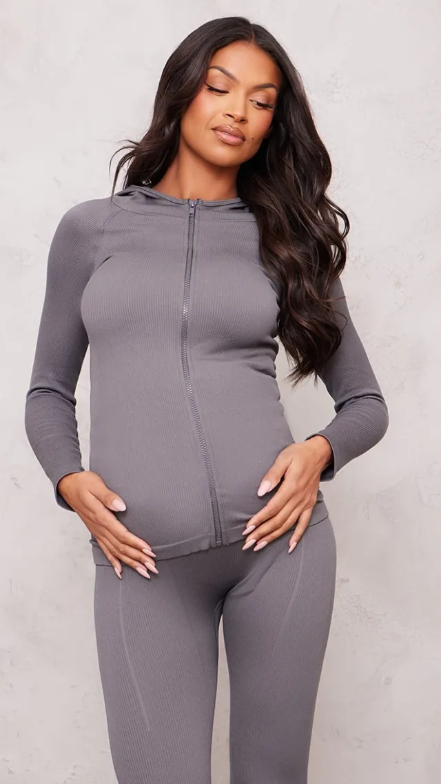 Maternity Charcoal Snatched Rib Hooded Sport Jacket