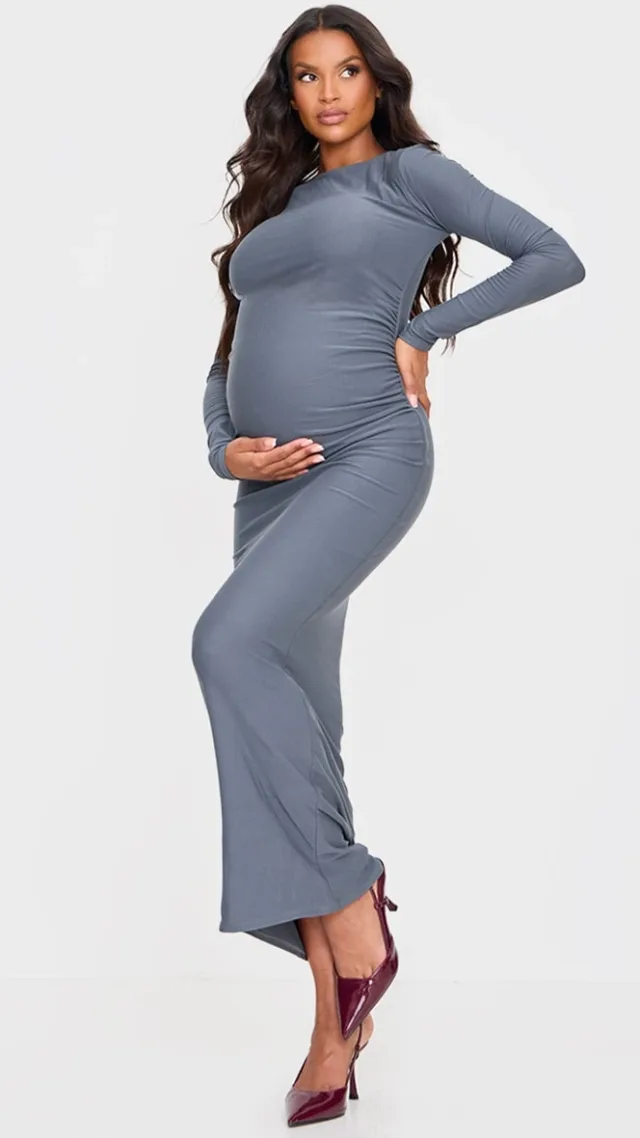 Maternity Charcoal Soft Touch Double Layered Ruched Maxi Dress