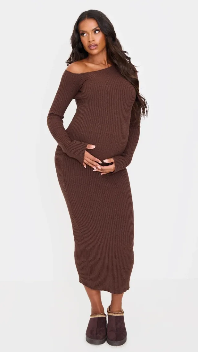 Maternity Chocolate Asymmetric Long Sleeve Rib Knit Maxi Dress