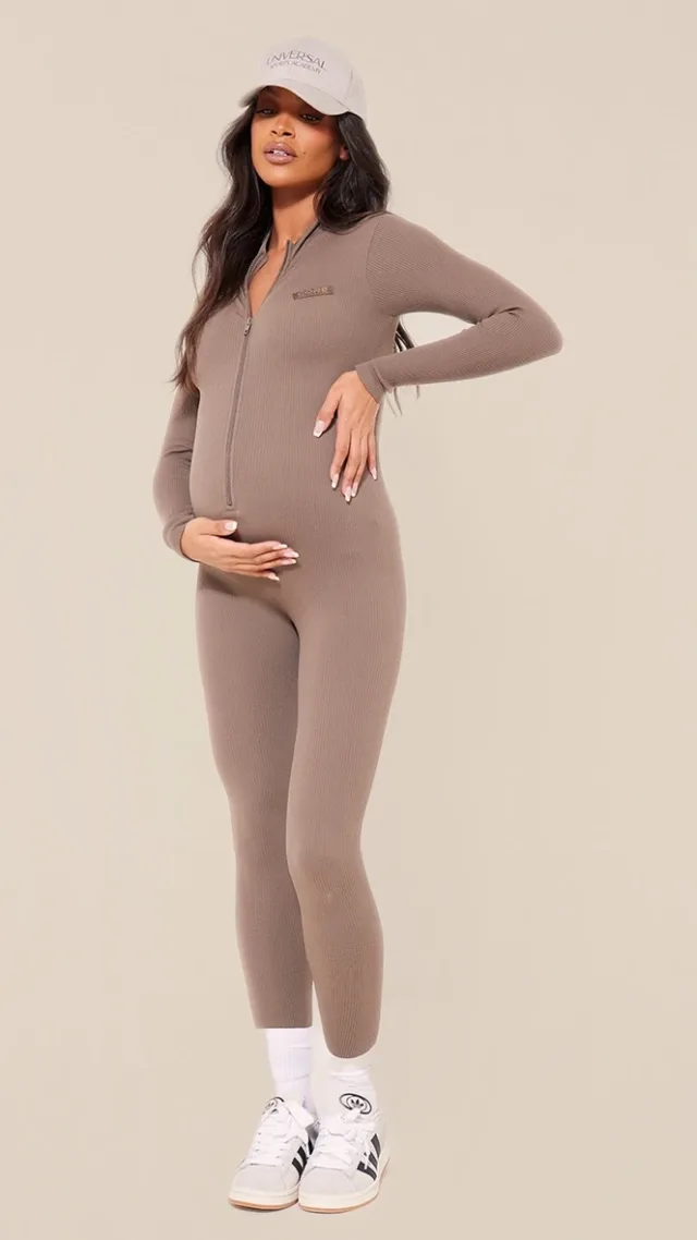 Maternity Chocolate Brown Core Collection Tab Snatched Ribbed Jumpsuit