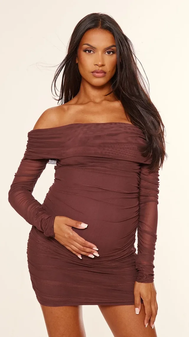 Maternity Chocolate Mesh Ruched Long Sleeve Mini Dress