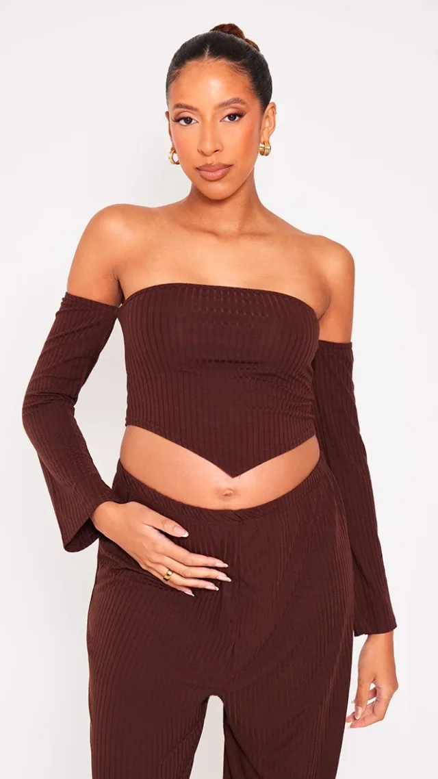 Maternity Chocolate Off The Shoulder Point Hem Top