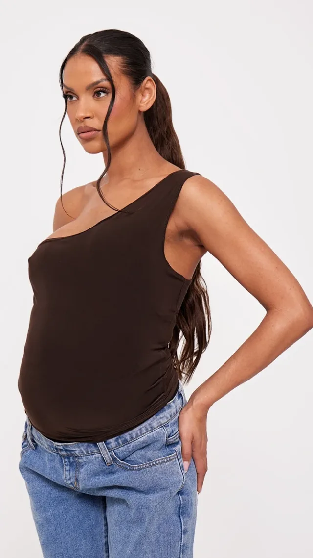 Maternity Chocolate One Shoulder Slinky Long Top