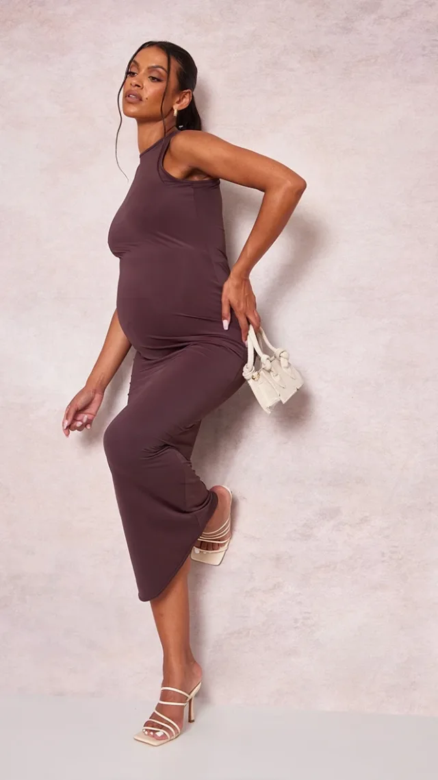 Maternity Chocolate Slinky High Neck Racer Maxi Dress