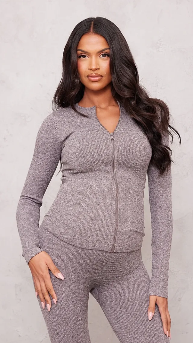 Maternity Chocolate Snatched Rib Zip Up Cardigan