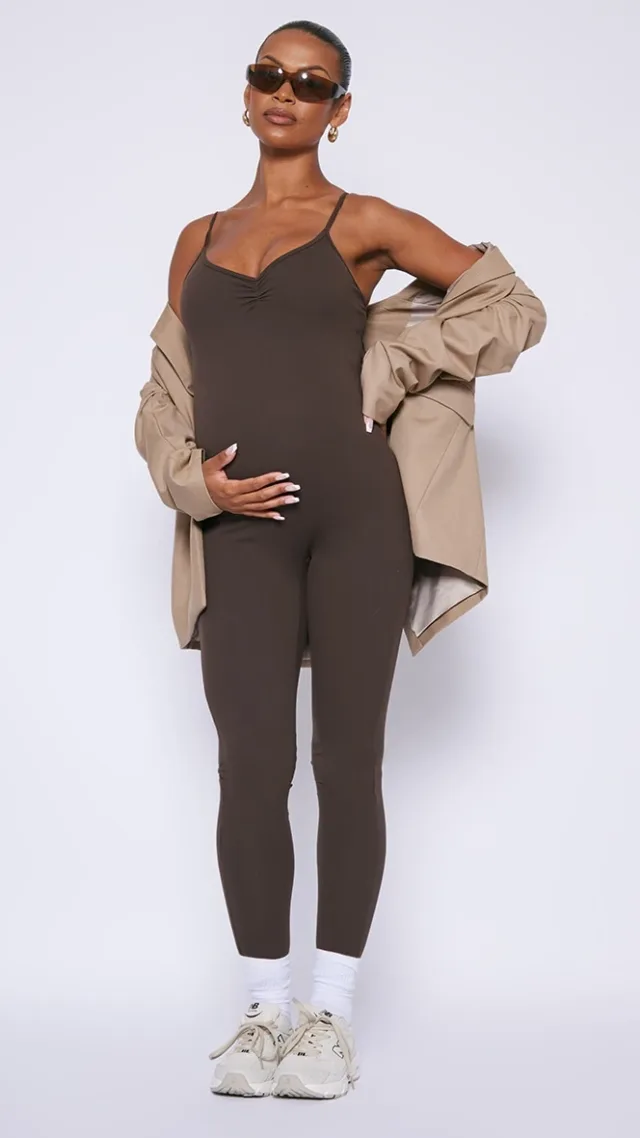 Maternity Coffee Snatched Sculpt Cami Strap Jumpsuit