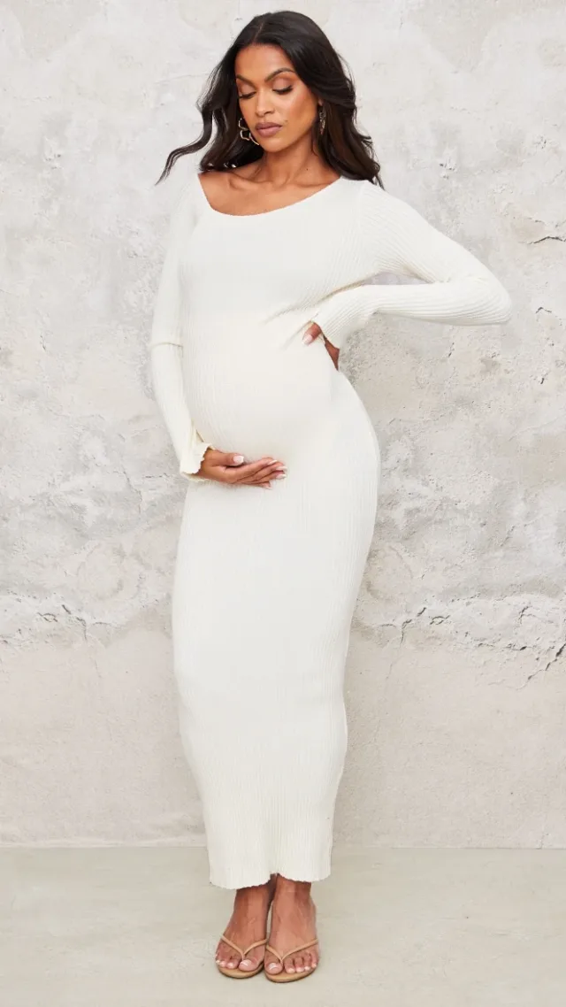 Maternity Cream Asymmetric Long Sleeve Rib Knit Maxi Dress