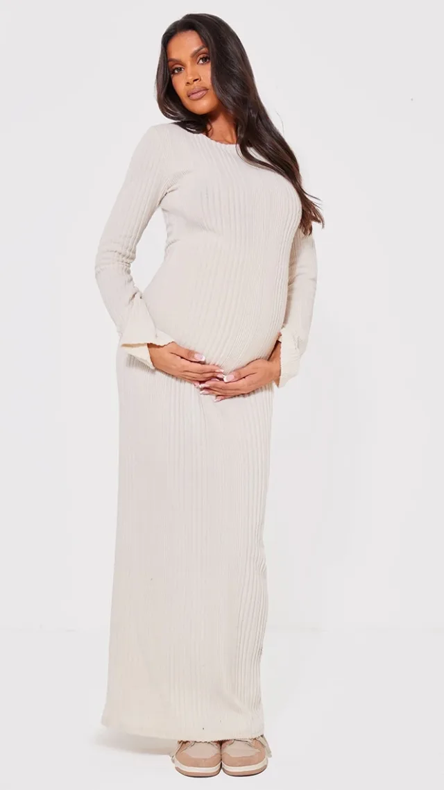 Maternity Cream Brushed Rib Long Sleeve Maxi Dress