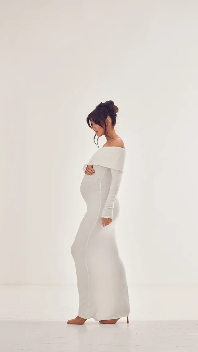 Maternity Cream Brushed Rib Off The Shoulder Maxi Dress