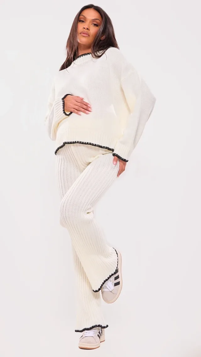 Maternity Cream Contrast Trim Knit Flares