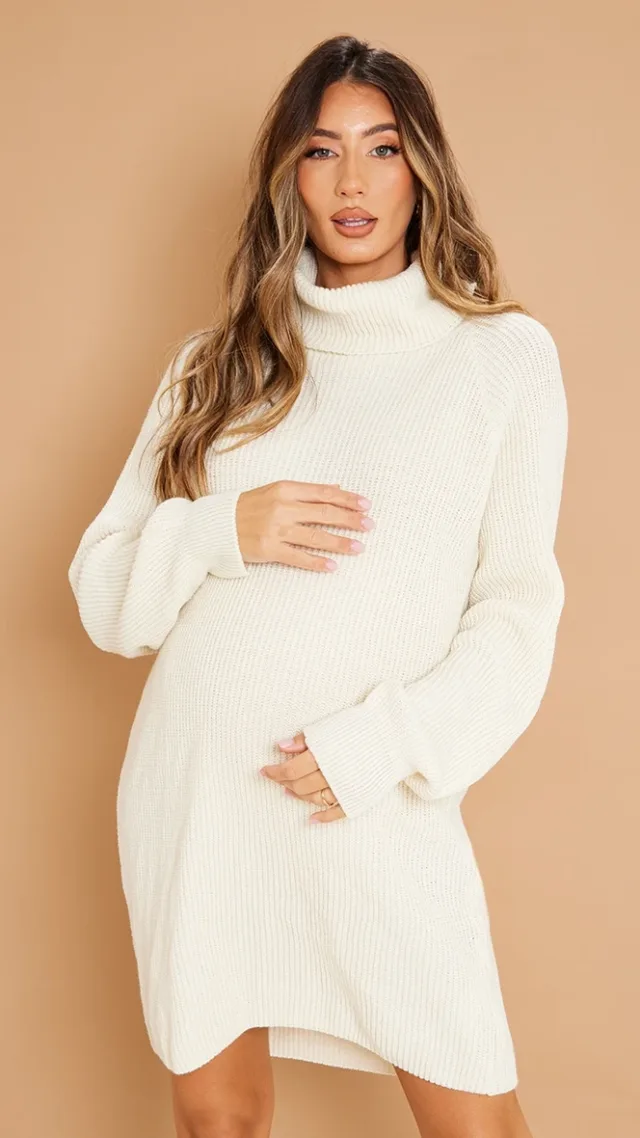 Maternity Cream High Neck Oversized Sweater Dress