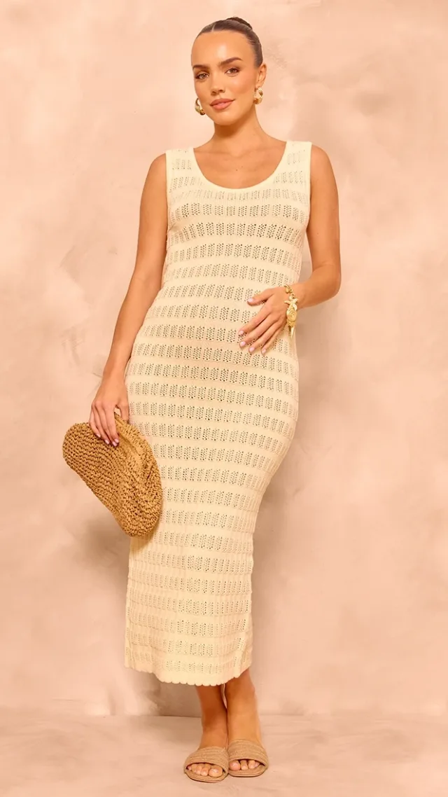 Maternity Cream Knit Scoop Neck Midaxi Dress