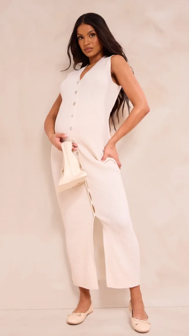 Maternity Cream Knit Sleeveless Button Up Maxi Dress