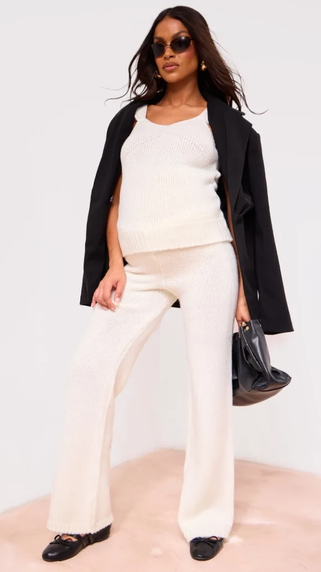 Maternity Cream Knit Wide Leg Pants