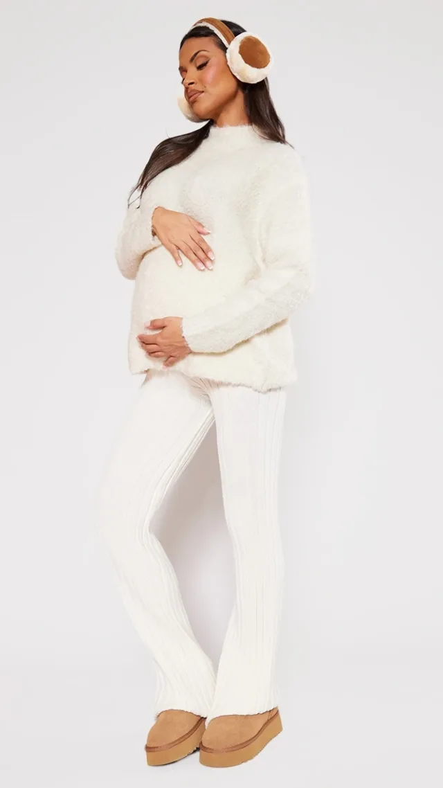 Maternity Cream Knitted Rib Flared Leggings