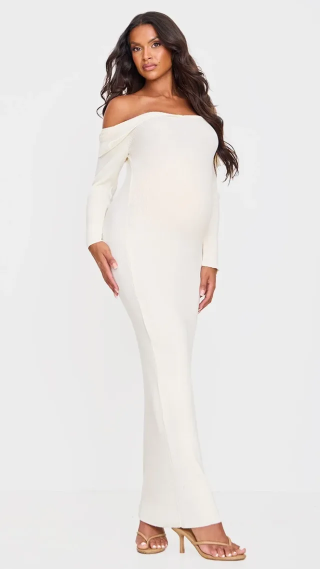 Maternity Cream Off The Shoulder Rib Knit Maxi Dress