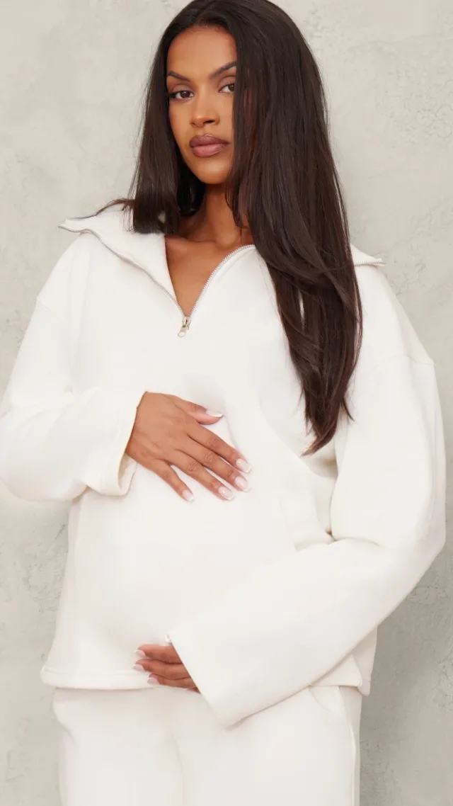 Maternity Cream Quarter Zip Long Sleeve Sweatshirt