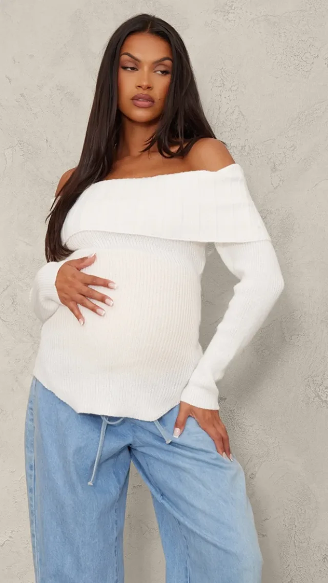 Maternity Cream Rib Knit Bandeau Long Sleeve Top