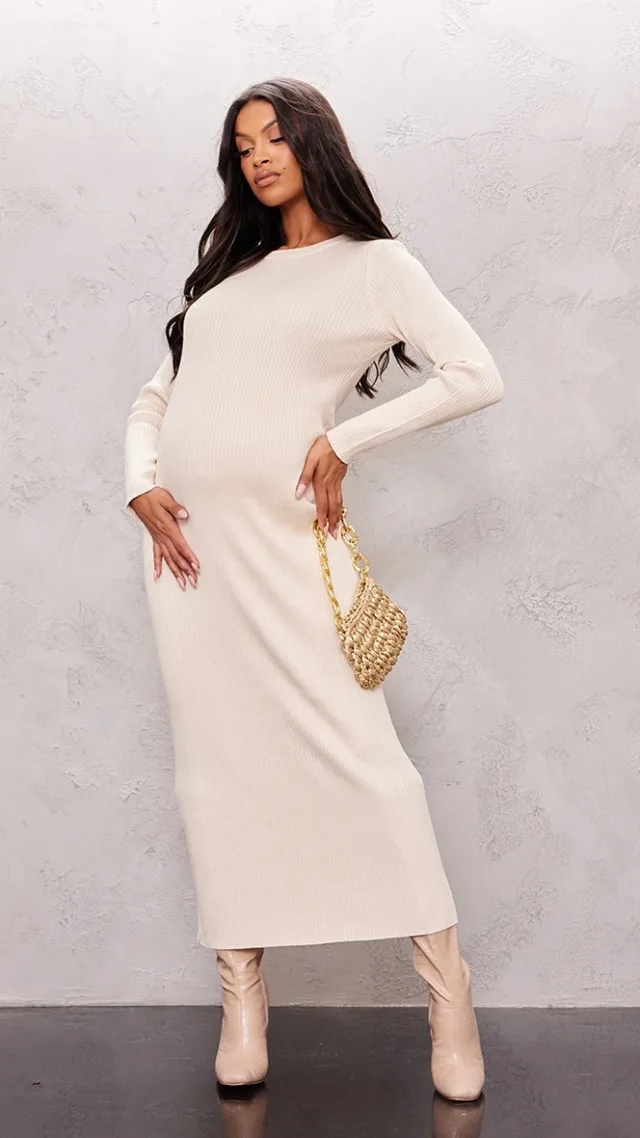 Maternity Cream Rib Knit Long Sleeve Maxi Dress