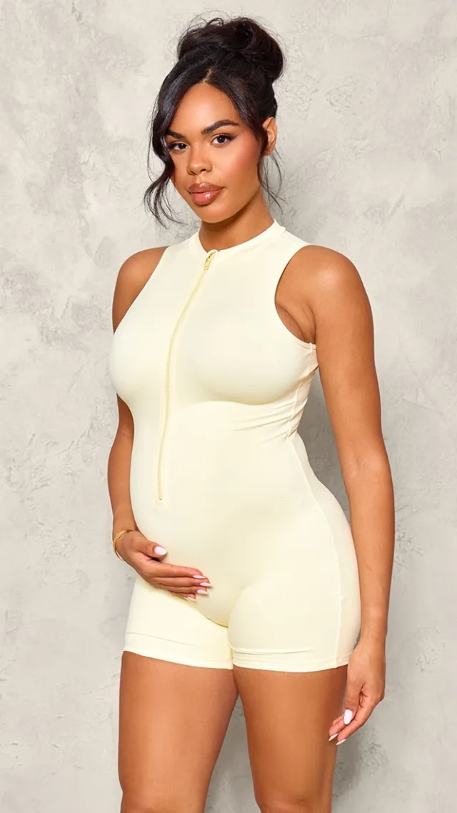 Maternity Cream Snatched Sculpt Zip Up Sleeveless Unitard