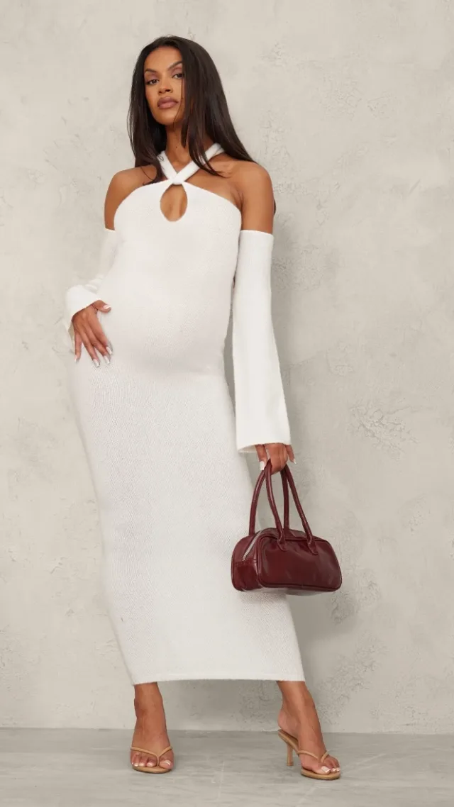 Maternity Cream Soft Knit Strappy Cut Out Maxi Dress