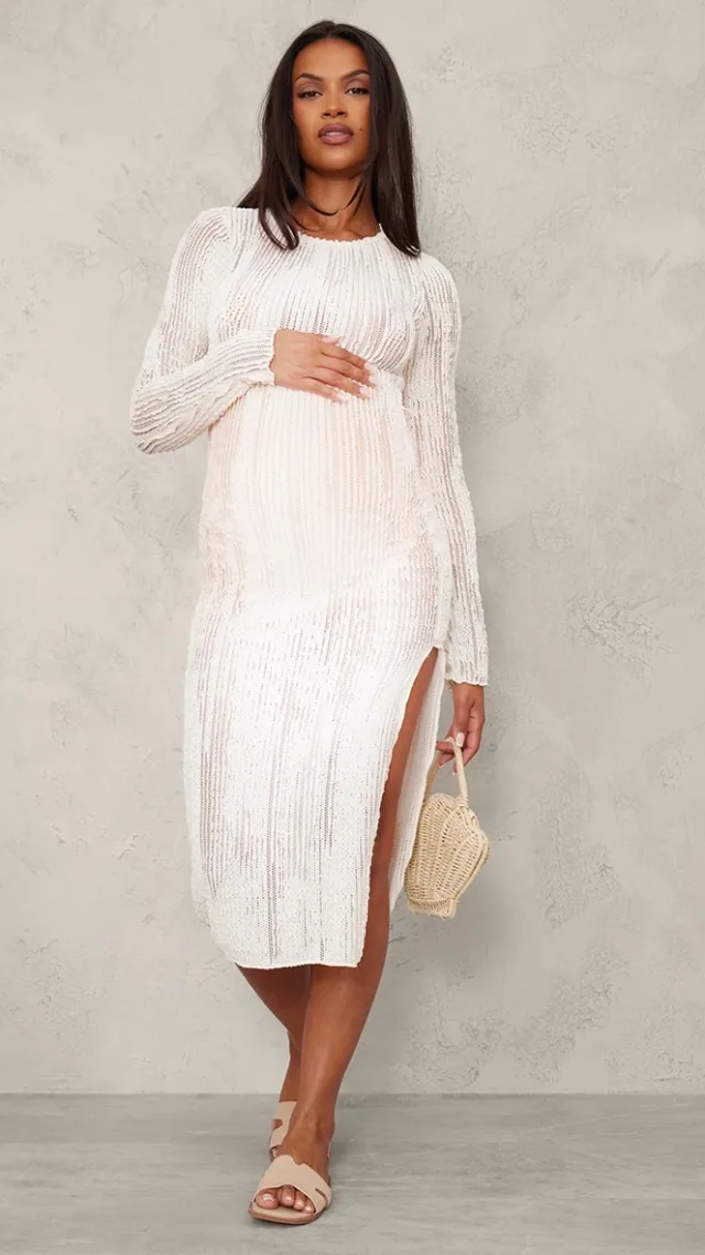 Maternity Cream Textured Midi Dress With Side Split