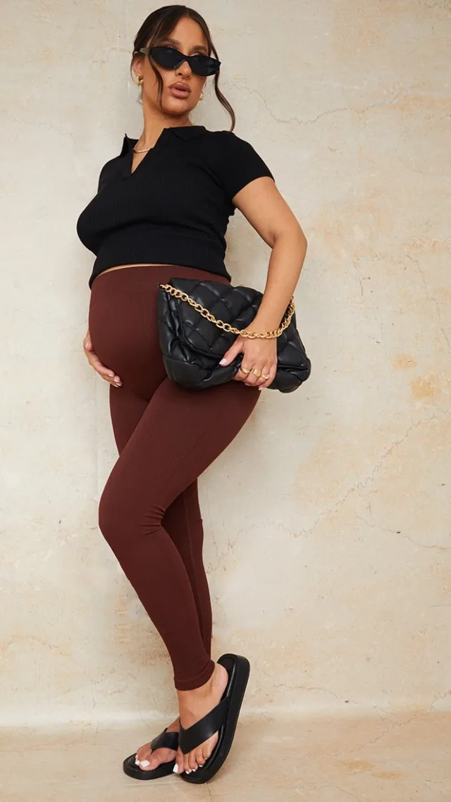 Maternity Dark Brown Contour Bump Support Ribbed Leggings