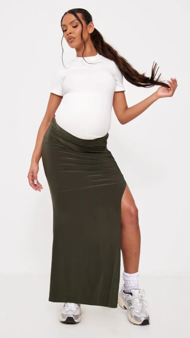 Maternity Dark Khaki Slinky Ruched Detail Maxi Skirt