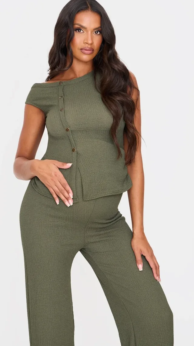 Maternity Dark Khaki Textured Asymmetric Button Top