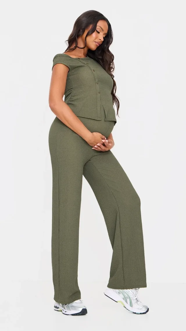 Maternity Dark Khaki Textured Wide Leg Pants